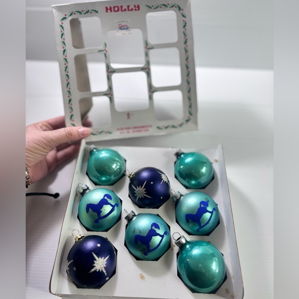 Vintage Holly Glass Christmas Ornaments Blue Teal Rocking Horse Set